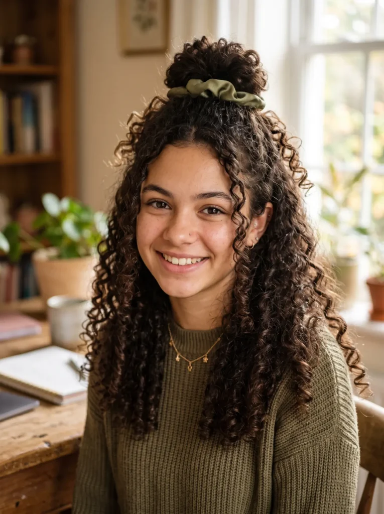 Close-up on a young woman with dense dark brown natural curly hair. The top half is secured into a high, messy top knot bun with a green silk scrunchie, while defined ringlets cascade over her shoulders.
