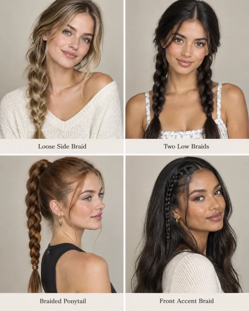 Four braided hairstyles for long hair on young Western women: loose side braid, two low braids, braided ponytail, and front accent braid.