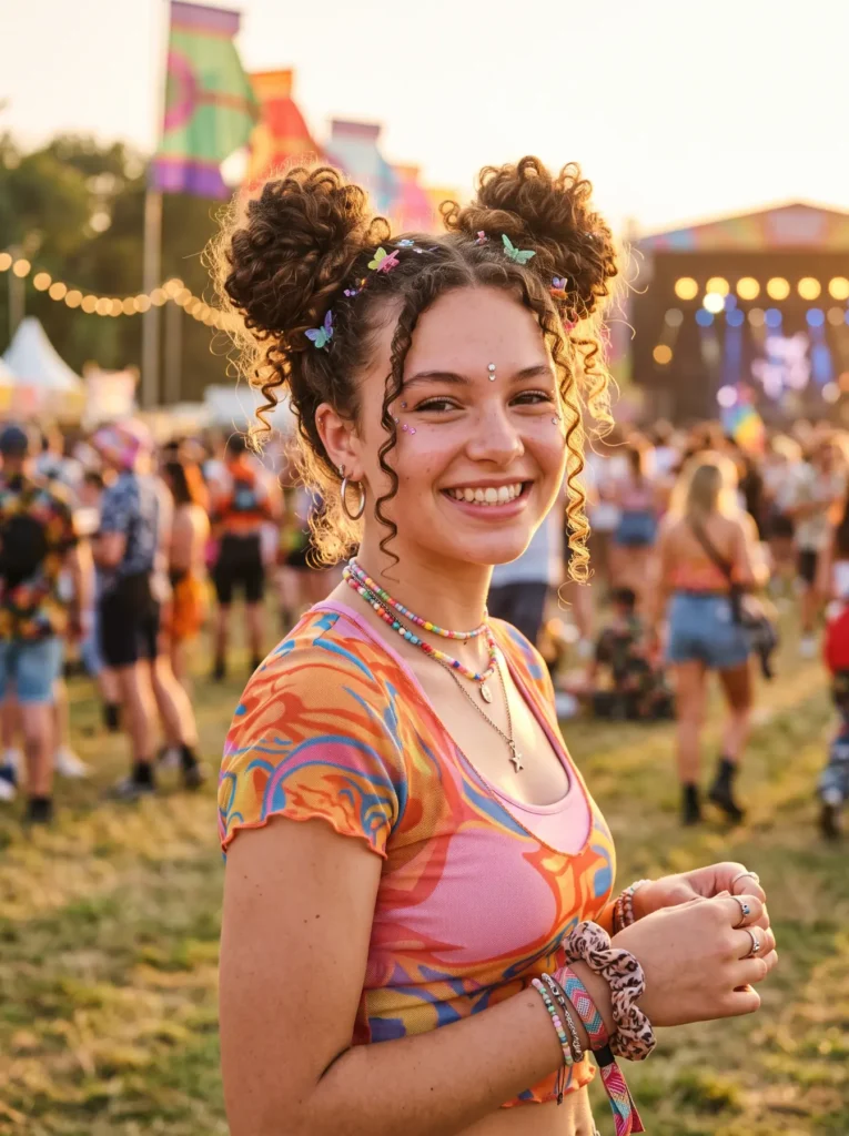 A dynamic outdoor festival shot of a young woman with natural brown curly hair. Her hair is styled into two high, symmetrical curly space buns near her crown, with distinct spiral tendrils left loose to frame her face.
