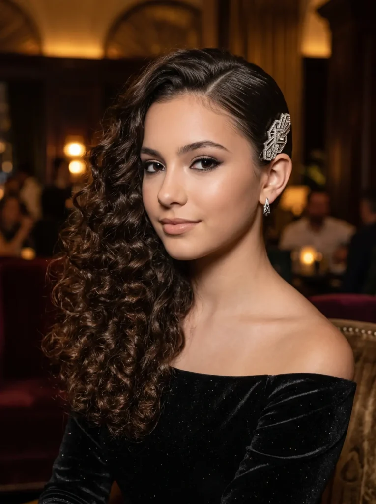 Close-up of natural dark brown curly hair swept entirely over one shoulder. The smoothed-down right side is secured seamlessly behind the ear with a targeted art deco-inspired silver geometric barrette.