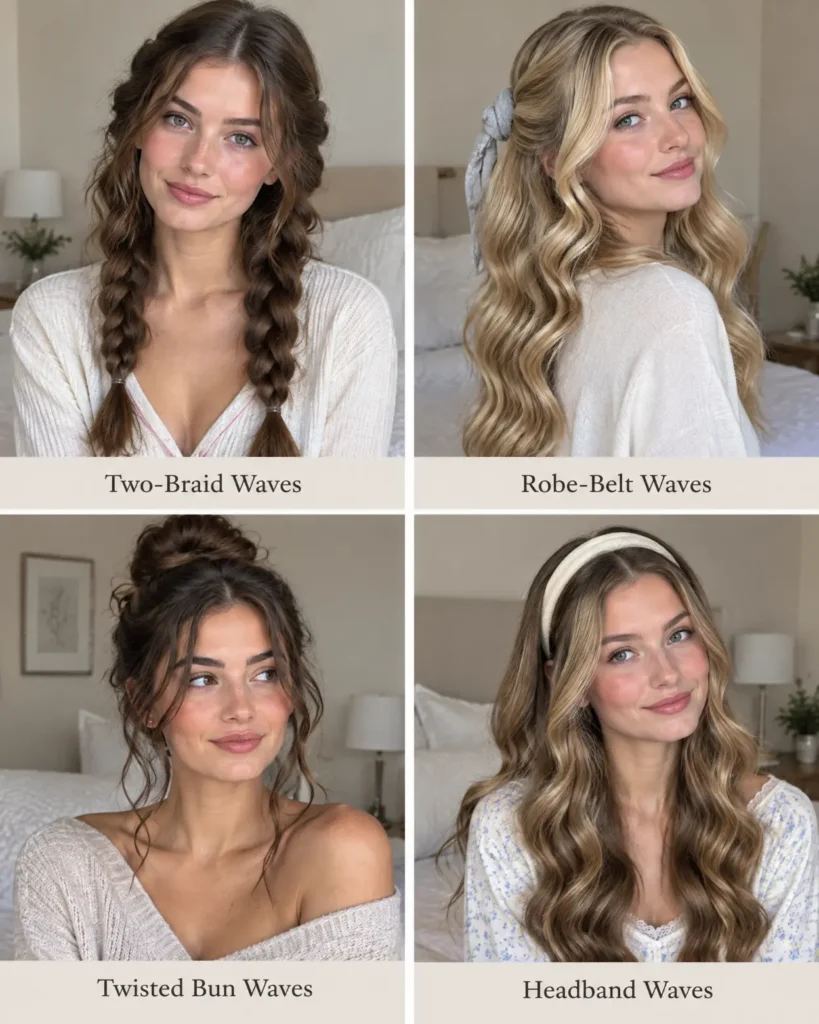Four heatless wave hairstyles for long hair: two-braid waves, robe-belt waves, twisted bun waves, and headband waves.