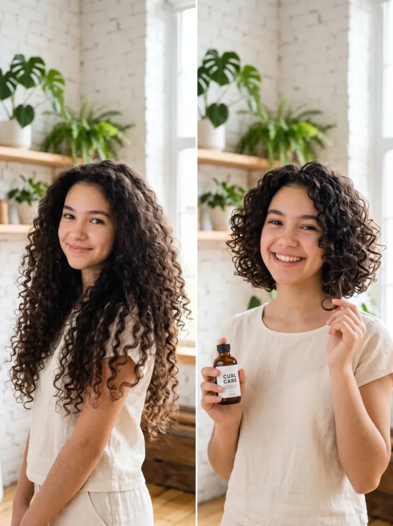 A vertical diptych composition showing a young woman with natural curly hair. The left side shows her with mid-back cascading layered ringlets; the right side shows her from the chest up with a trendy curly bob cut.