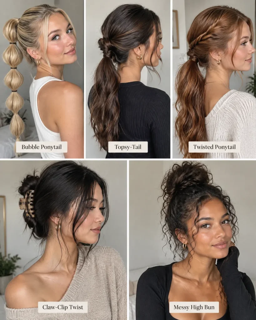Five modern ponytail and bun styles for long hair: bubble ponytail, topsy-tail, twisted ponytail, claw-clip twist, and messy high bun.