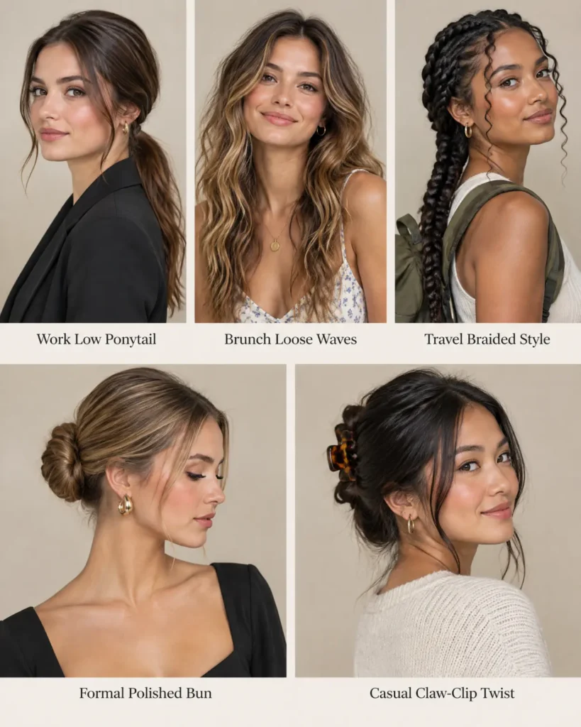 Five occasion-based hairstyles for long hair: work low ponytail, brunch loose waves, travel braided style, formal polished bun, and casual claw-clip twist.
