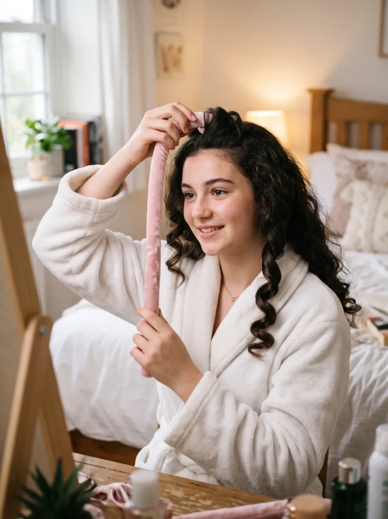A soft-lit bedroom close-up of a young woman with natural dark brown curly hair unrolling a soft, pink velvet robe belt from her forehead. A large, bouncy spiral curl is visibly uncoiling onto her shoulder.