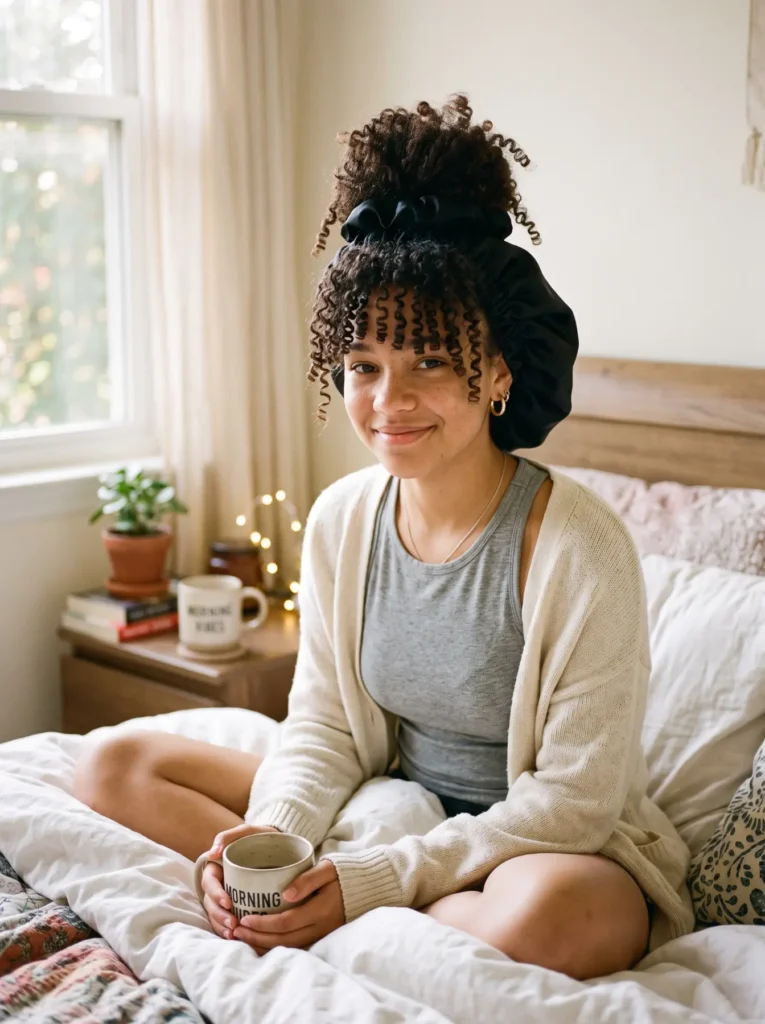 A vertical portrait of a young woman with natural dark brown curly hair wearing a protective black satin bonnet. Her voluminous ringlets are gathered high on her forehead, cascading forward, illustrating the 'pineapple' structure.