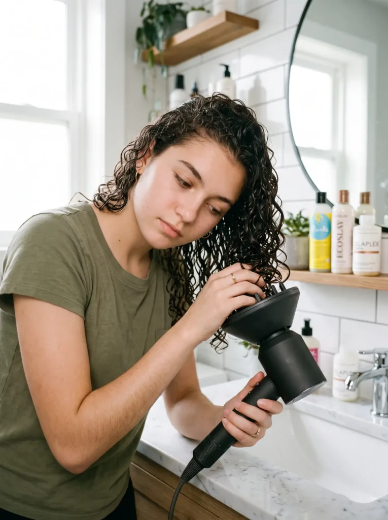 A bright bathroom shot of a young woman with wet, product-coated natural dark brown curly hair. Her hands cup a large section of curl clumps, pushing them into a black diffuser attachment connected to a blow dryer.