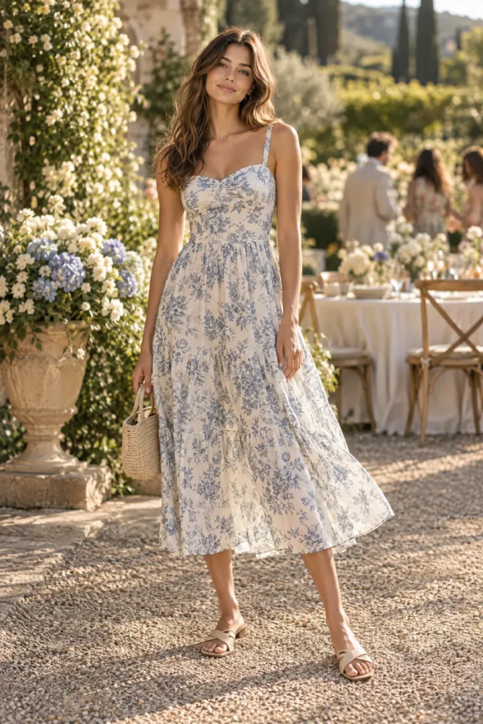  Woman wearing a blue-and-cream floral midi dress and sandals at a sunlit garden party.