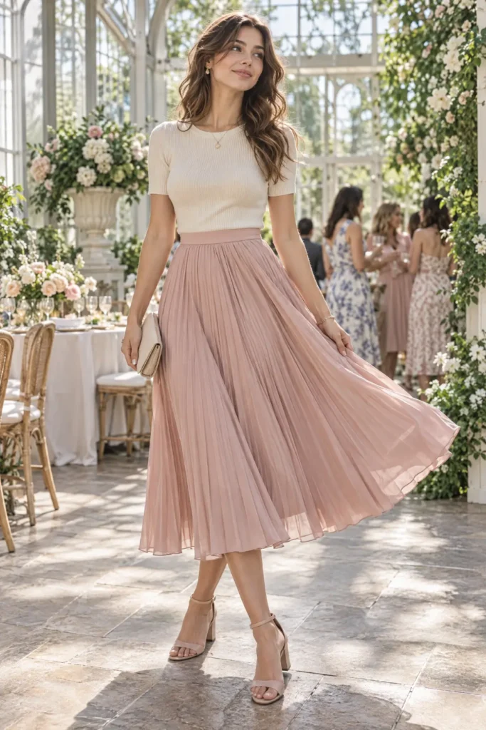  Woman wearing a flowing blush pleated midi skirt, cream top, and block-heel sandals at a bright celebration.
