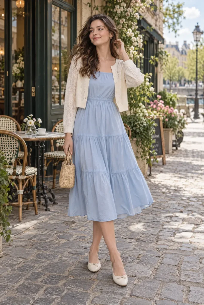 Woman wearing a pale blue midi dress with a cream cardigan and woven bag outside a café.