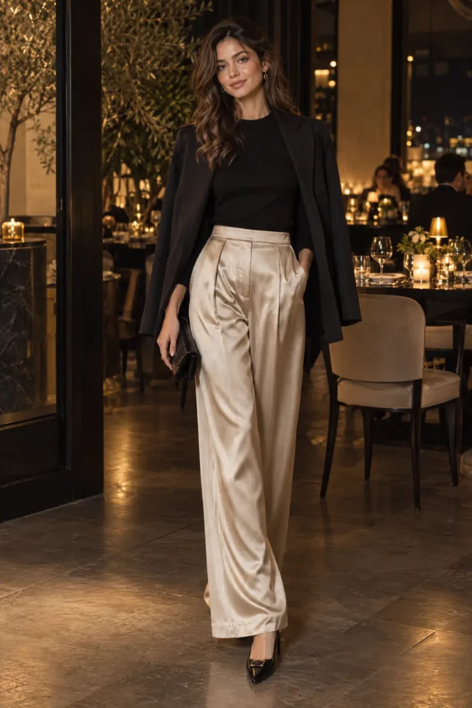Woman wearing champagne satin trousers, a black knit top, and a dark blazer at an evening restaurant.
