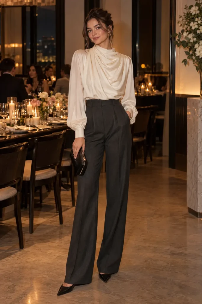 Woman wearing an ivory draped blouse and charcoal tailored trousers at an evening dinner.