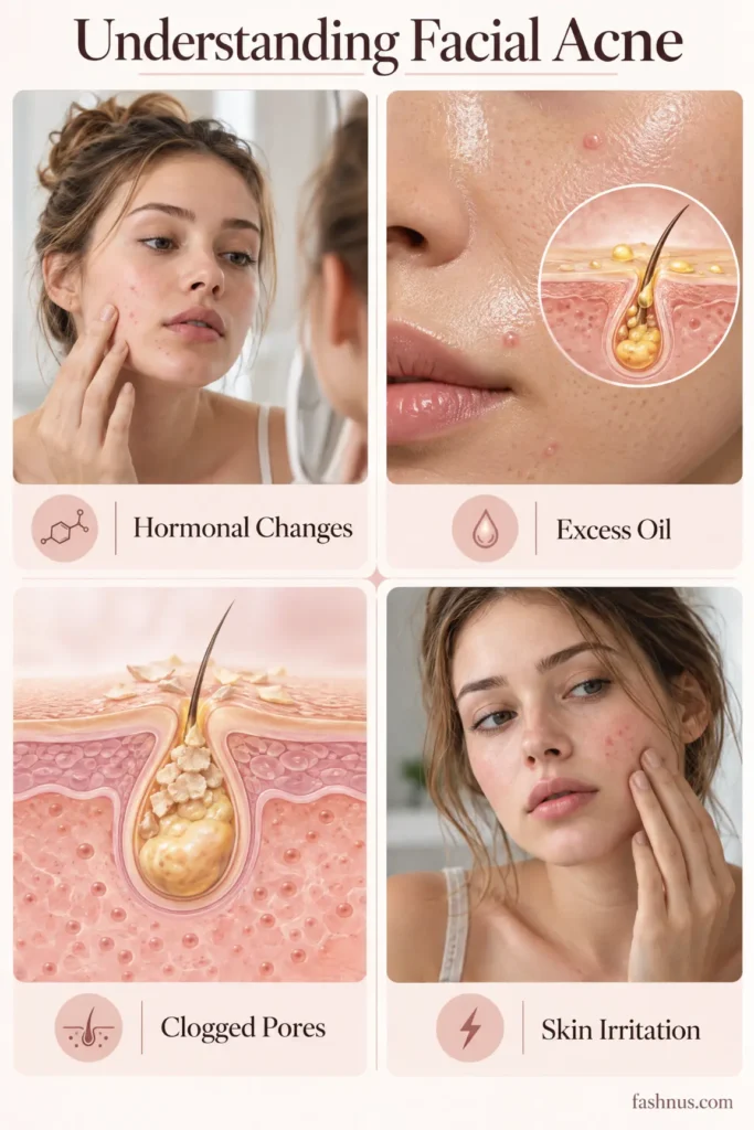 Educational skincare infographic showing four common causes of facial acne in young women: hormonal changes, excess oil, clogged pores, and skin irritation.