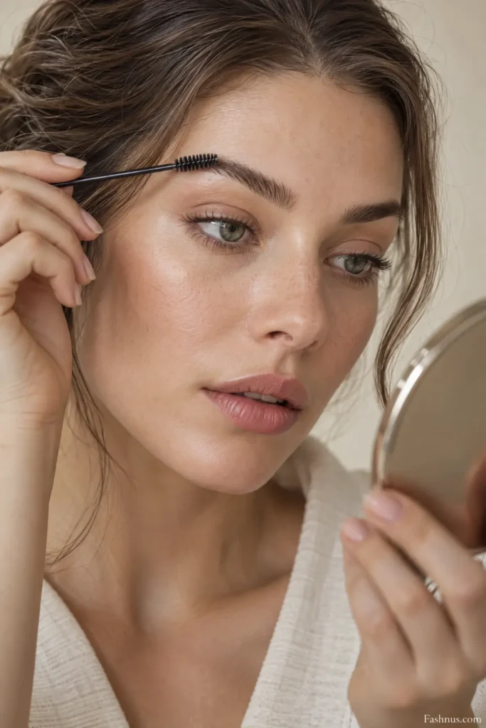 Young Western woman examining her natural eyebrow shape with a spoolie brush, showing well-defined brows, curled eyelashes, and natural makeup in soft daylight.