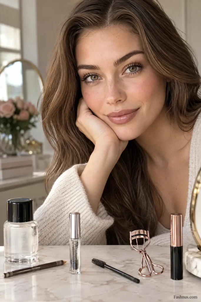 Confident young Western woman with naturally groomed eyebrows, separated eyelashes, subtle everyday makeup, and a collection of eyebrow and eyelash styling products arranged on a minimalist dressing table.