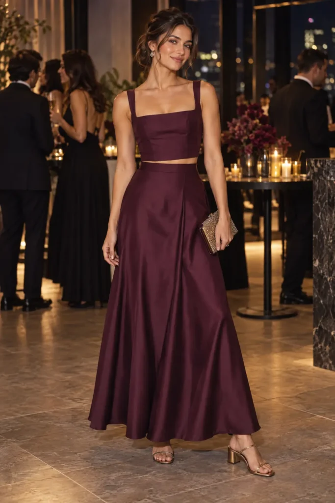 Woman wearing a matching plum cropped top and flowing long skirt with a metallic clutch at an evening event.