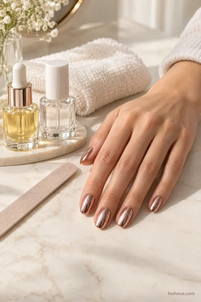  young Western woman's hand with glossy rose-gold metallic nails arranged beside cuticle oil, a clear top-coat bottle, a nail file, and a soft towel on a cream-colored vanity.