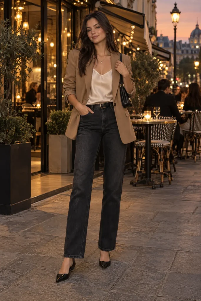  Woman wearing a camel blazer, cream top, dark jeans, and pointed flats outside a city café at dusk.