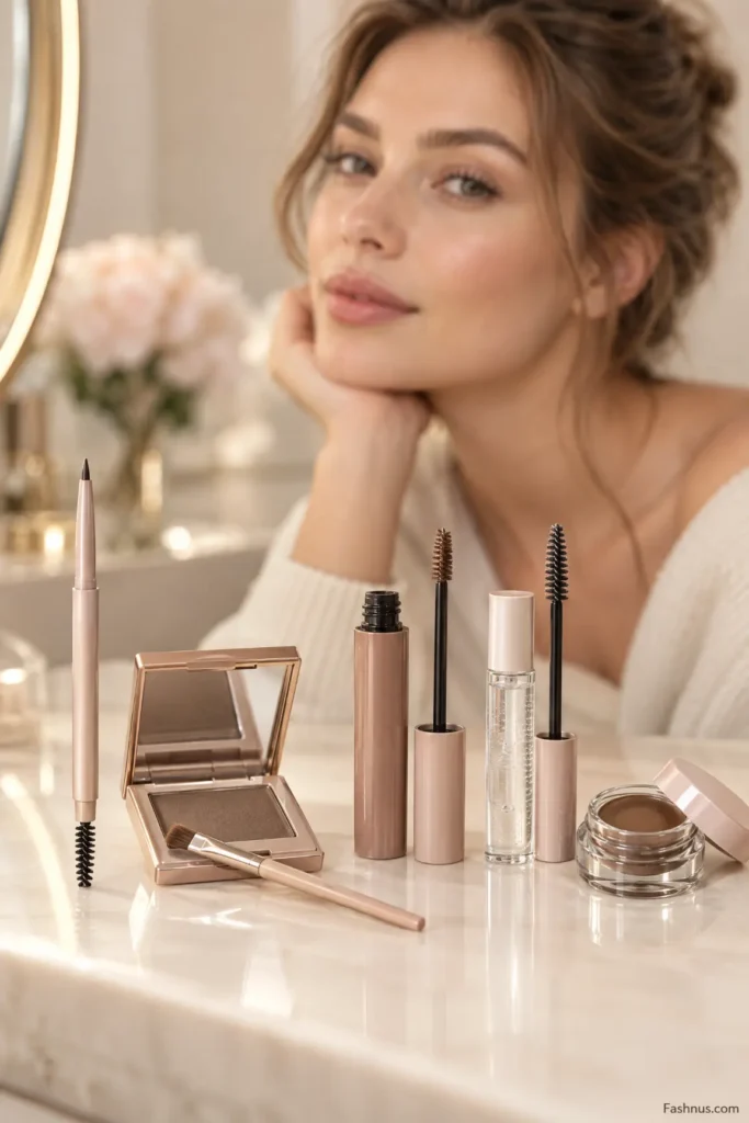 Five eyebrow styling products arranged on a cream-colored vanity, including an eyebrow pencil, brow powder, tinted brow gel, clear brow gel, and styling pomade, with a woman’s defined eyebrows visible in the background.