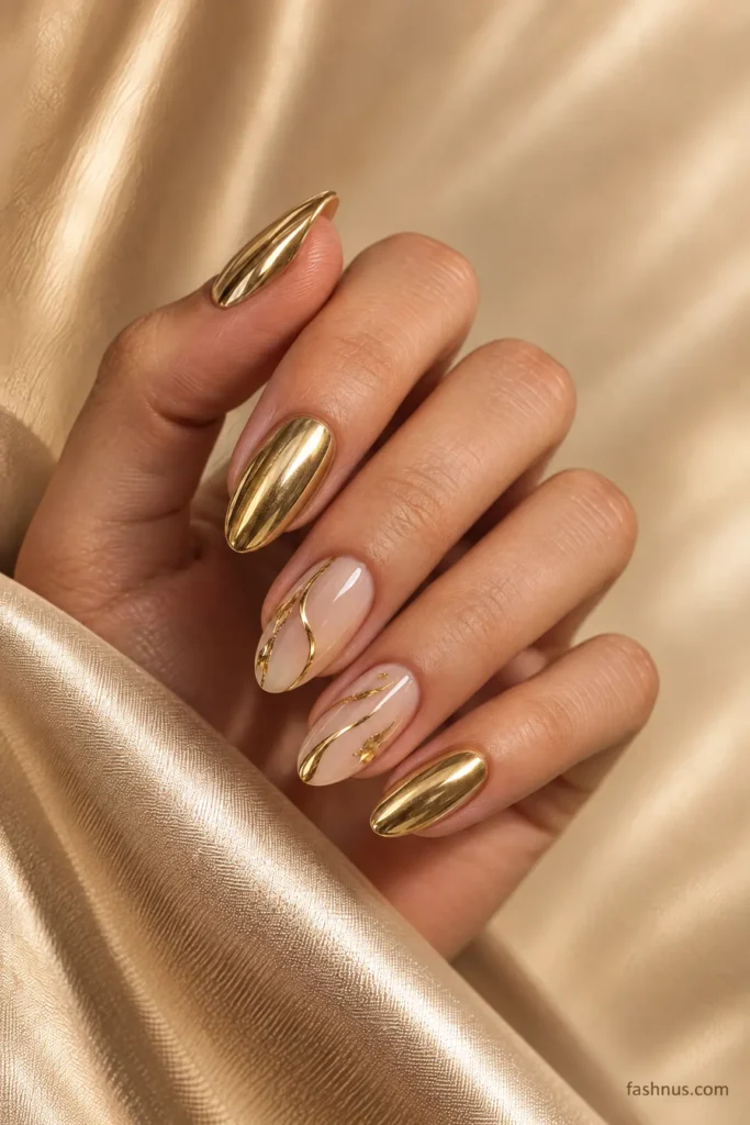 A young Western woman's hand displaying elegant gold metallic nails with delicate golden swirls and nude accents against a champagne-colored background.
