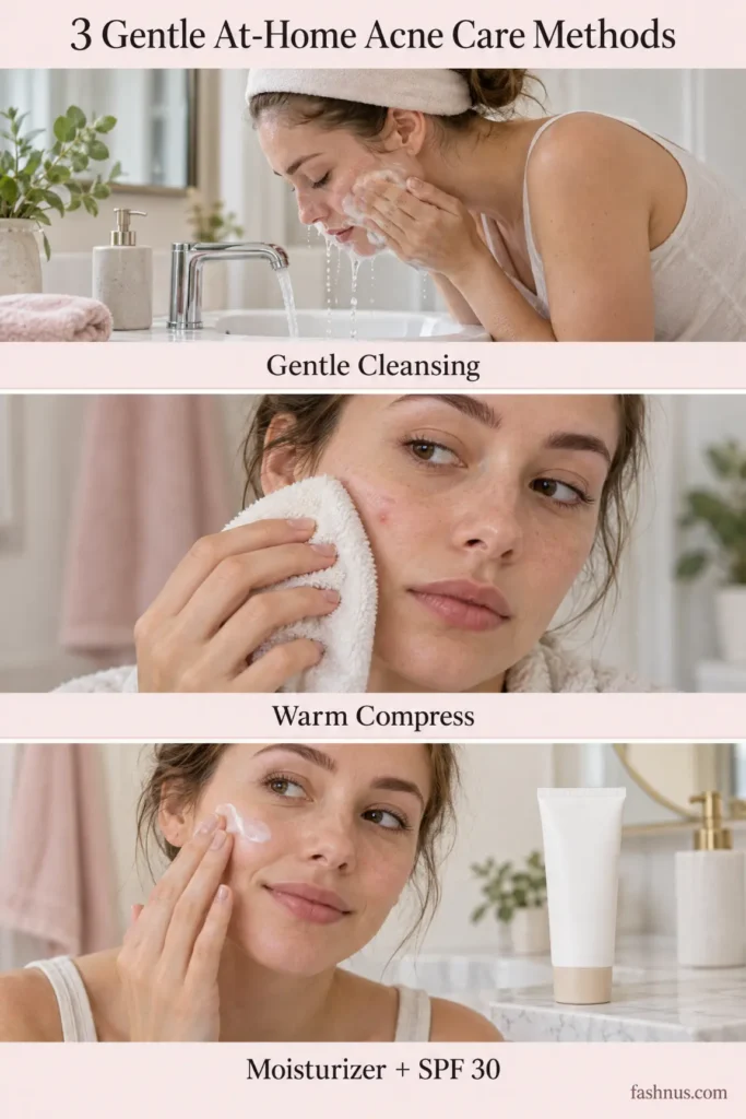 Three-panel skincare infographic showing a young woman gently cleansing her face, applying a warm compress to a pimple, and using moisturizer with SPF 30 sunscreen.