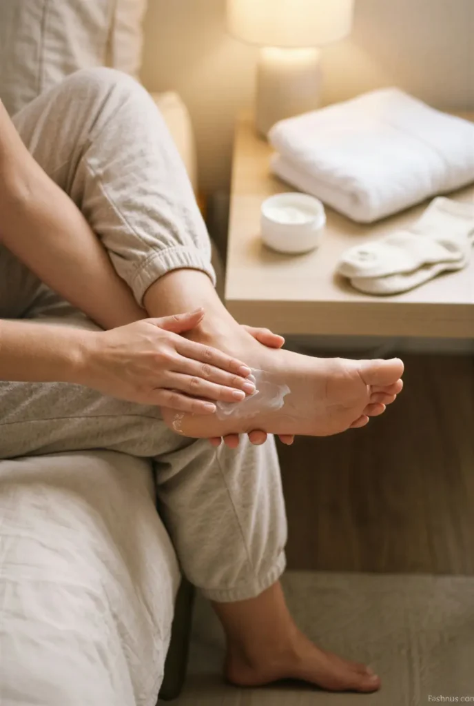 A young Western woman gently massaging moisturizing cream into the sole and heel of her foot beside a soft towel, cotton socks, and a skincare jar.