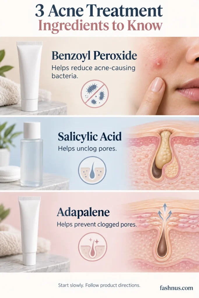 Skincare infographic featuring benzoyl peroxide, salicylic acid, and adapalene alongside educational illustrations explaining their roles in acne treatment.