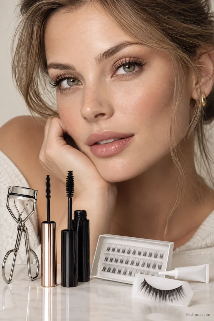 Young Western woman with curled, separated eyelashes surrounded by an eyelash curler, lengthening mascara, volumizing mascara, and false eyelashes arranged for a beauty tutorial.