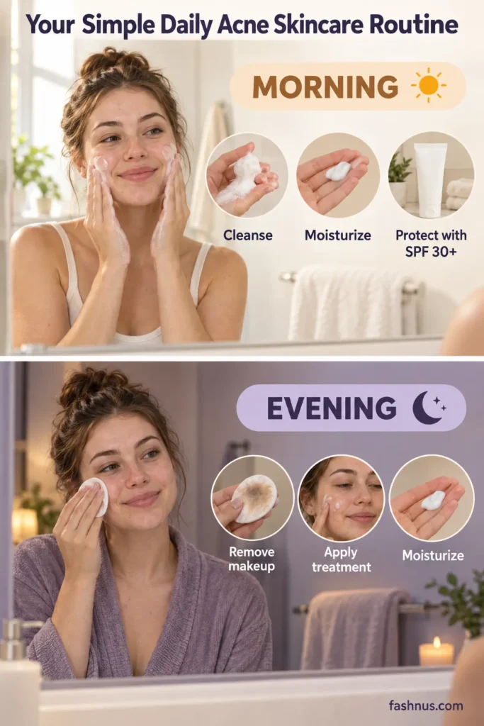 Morning and evening skincare infographic showing facial cleansing, moisturizing, sunscreen application, makeup removal, and the careful use of an acne treatment.
