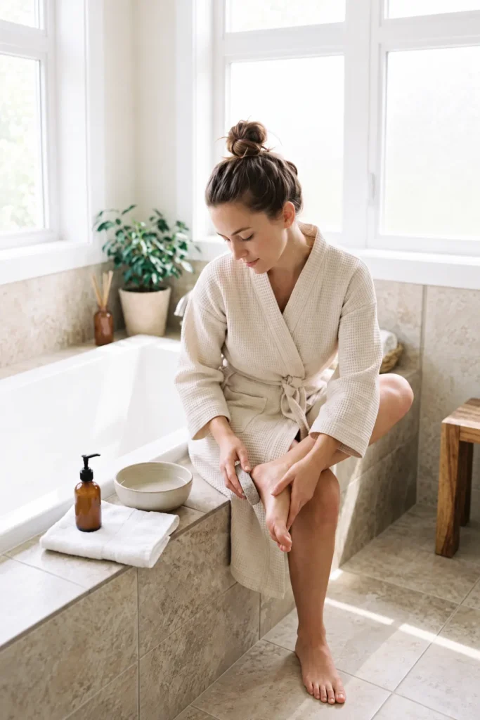 A young Western woman gently using a pumice stone on her softened heel beside a warm-water basin, clean towel, and foot moisturizer in a bright bathroom.