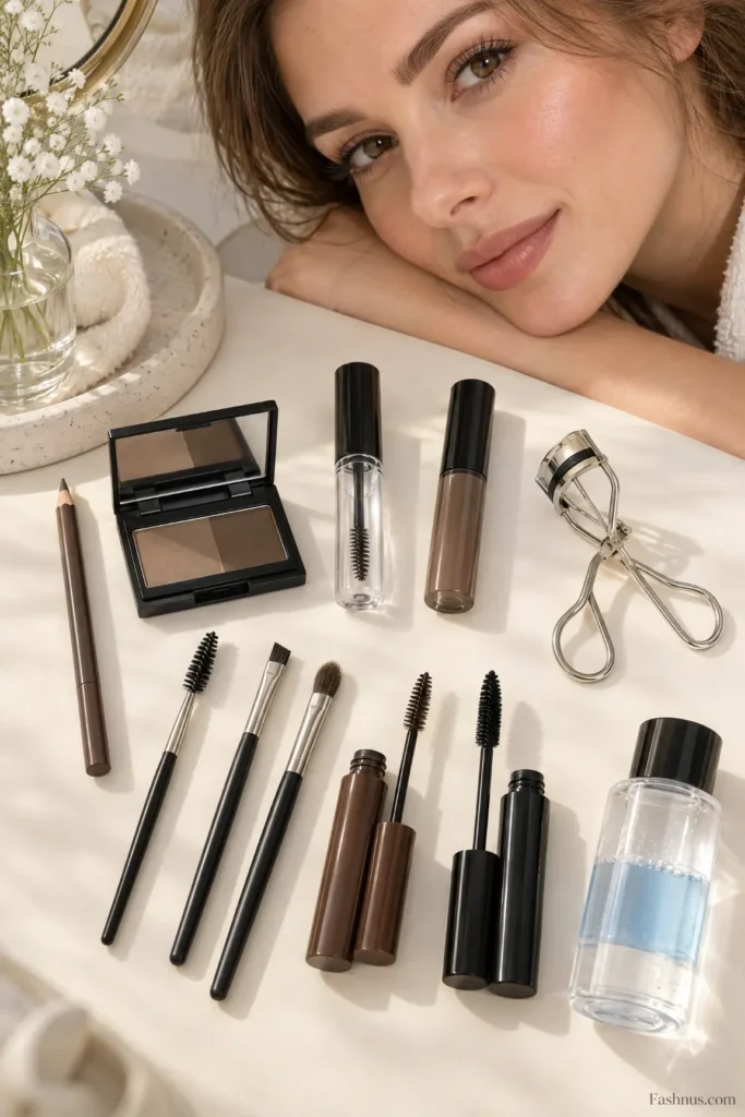 Neutral-toned eyebrow and eyelash makeup products arranged on an ivory vanity, including brown and black mascaras, eyebrow pencils, brow gels, a spoolie brush, an eyelash curler, and makeup brushes.