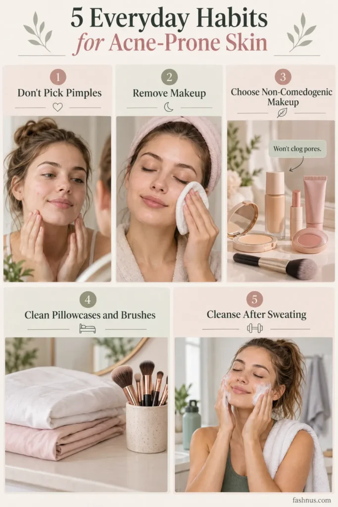 Five-part lifestyle infographic showing a young woman avoiding pimple picking, removing makeup, choosing non-comedogenic cosmetics, cleaning pillowcases and makeup brushes, and washing her face after exercise.