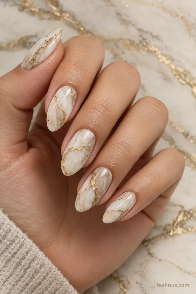 A young Western woman's hand displaying white and beige marble-effect nails decorated with delicate gold metallic veins and glossy almond-shaped tips.