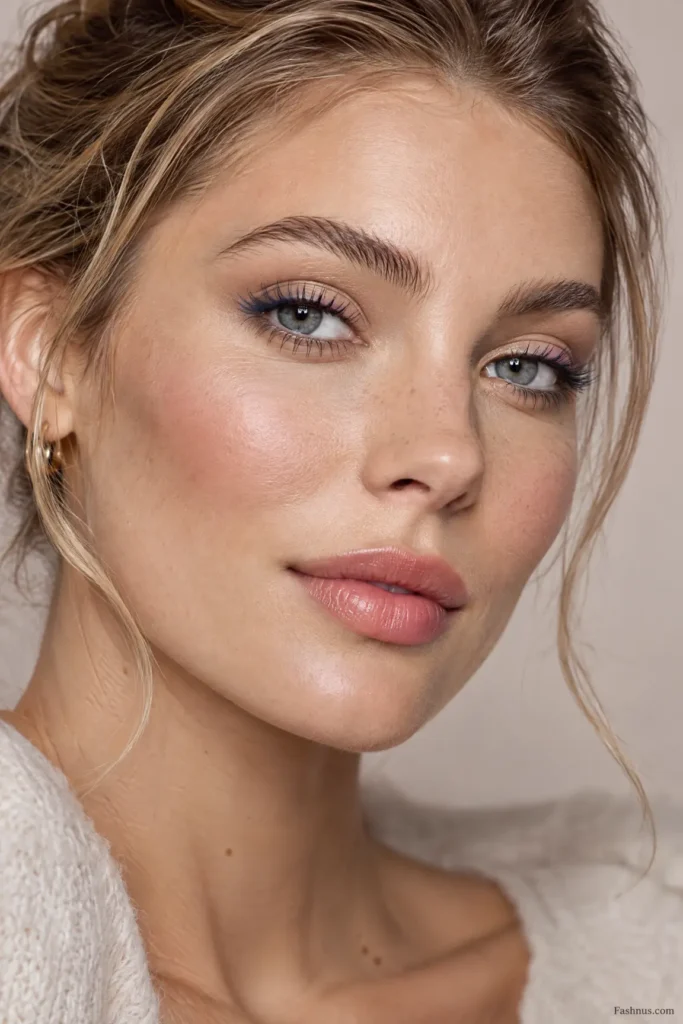 Young Western woman with brushed-up eyebrows, softly defined eyelashes with a subtle navy-blue accent, neutral eyeshadow, natural-looking skin, and understated pink lipstick.