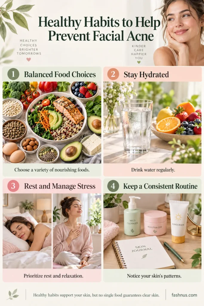 Healthy lifestyle infographic featuring vegetables, fruits, whole grains, protein foods, nuts, water, restful sleep, stress management, and a consistent skincare routine.