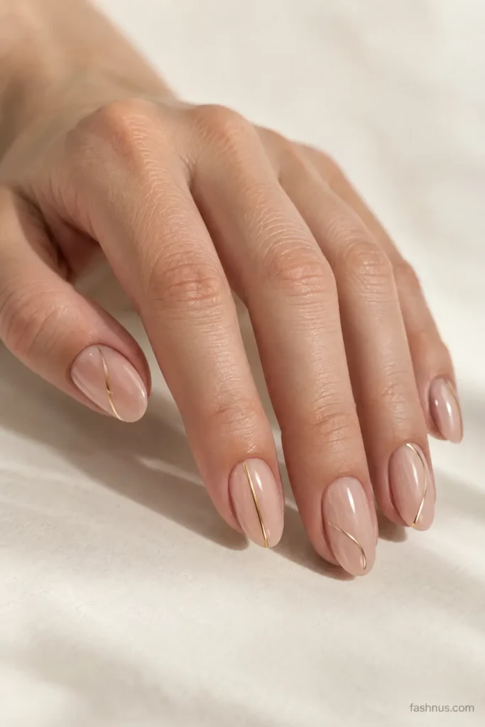 A young Western woman's hand featuring short-to-medium nude-pink nails decorated with fine silver and gold metallic lines against a warm-white background.