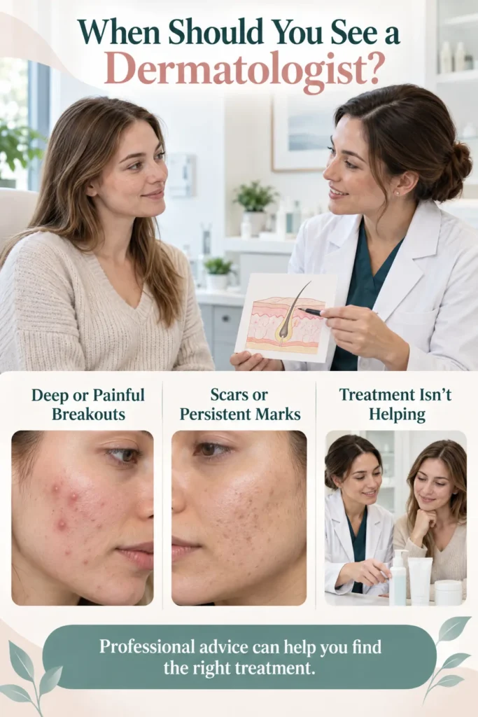 Young woman consulting a female dermatologist, with three illustrated topics highlighting deep or painful acne, persistent scars or marks, and breakouts that do not improve with treatment.