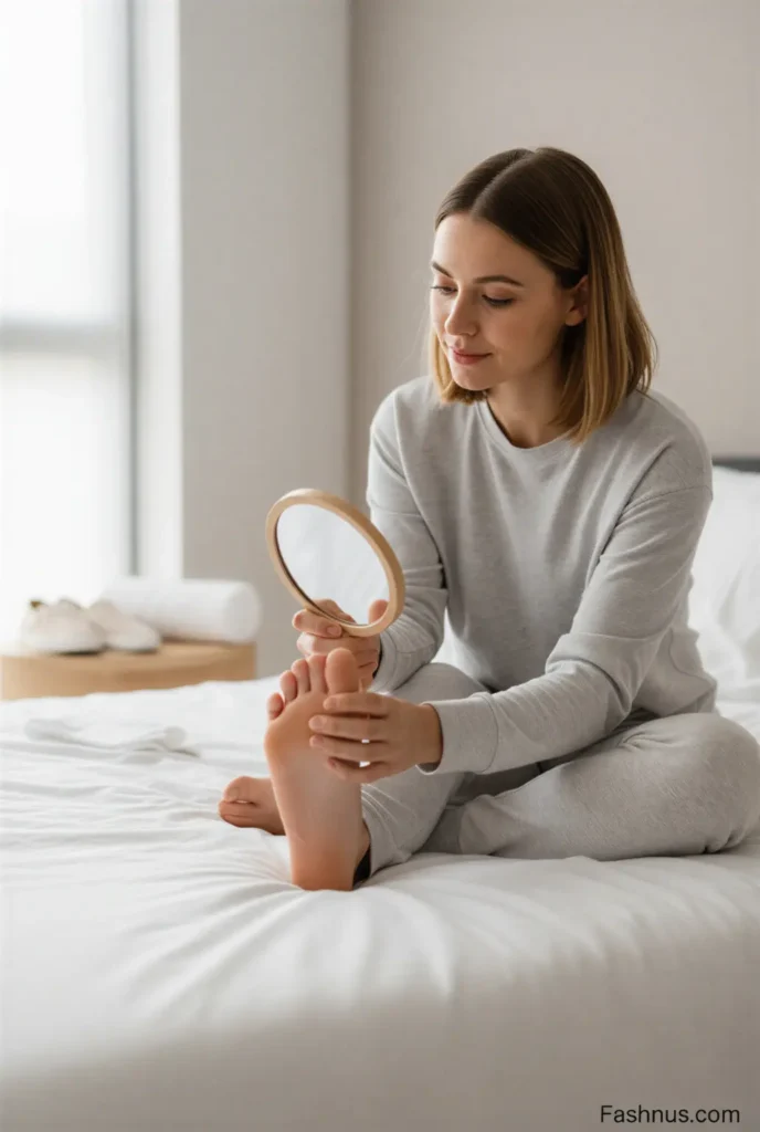 A young Western woman sitting on the edge of her bed and carefully examining the sole and toes of one foot in a clean, softly lit bedroom.