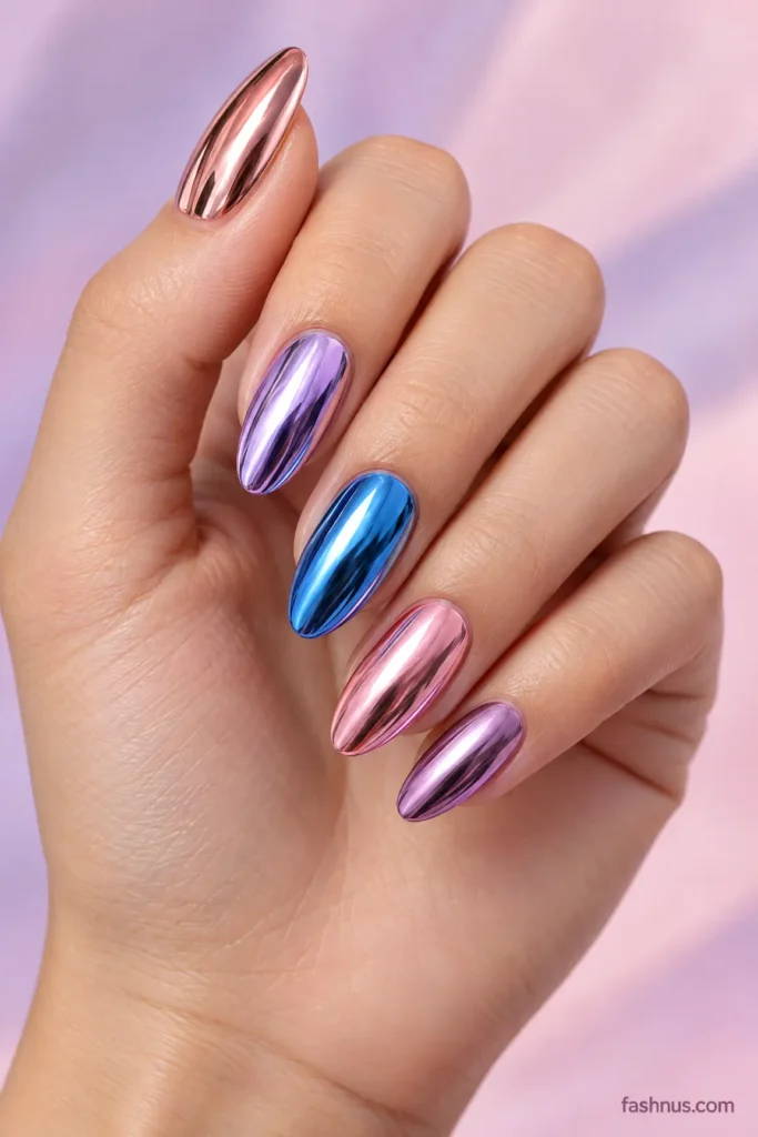 A young Western woman's hand showcasing reflective rose-gold, lavender, electric-blue, and pink chrome nails with glossy almond-shaped tips.