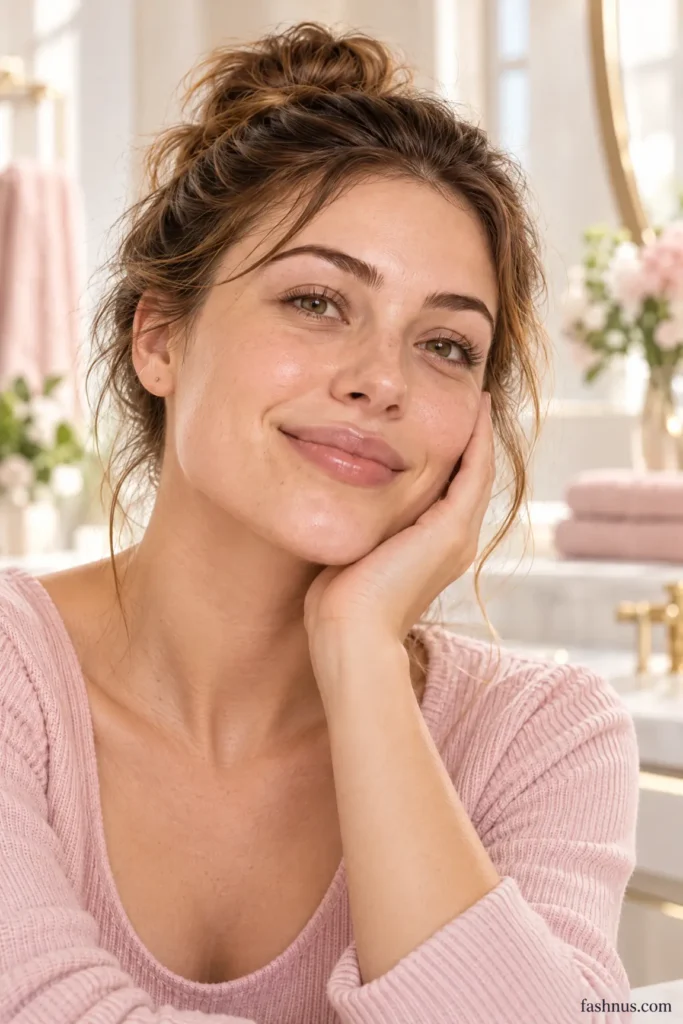 Smiling young Western woman with naturally radiant, clear skin, brown hair, and a pastel-pink top, photographed in soft natural light against a cream-colored background.